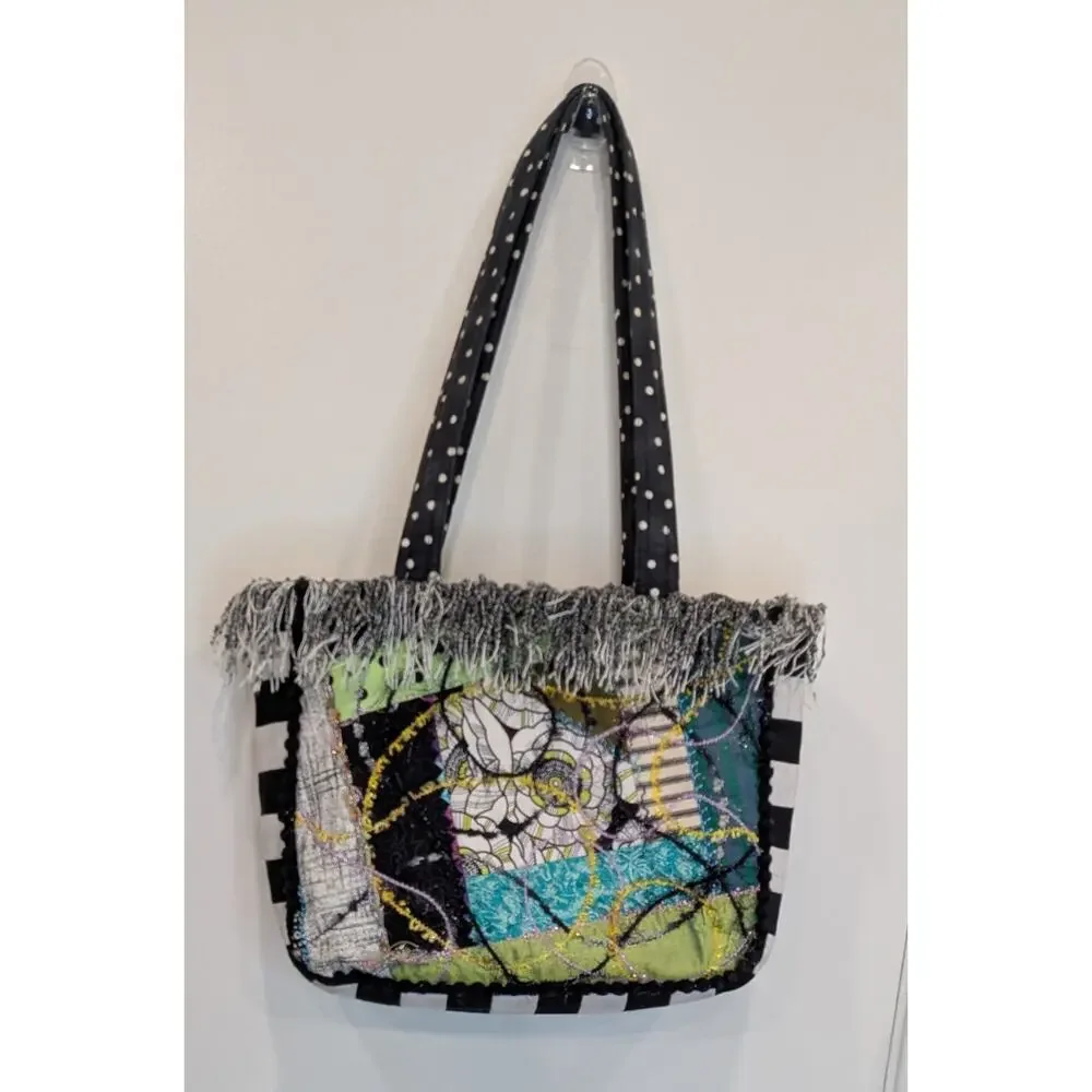 Quilted Patchwork Tote Purse Bag Boho Mixed Media Fringe Pikake Design Embelish